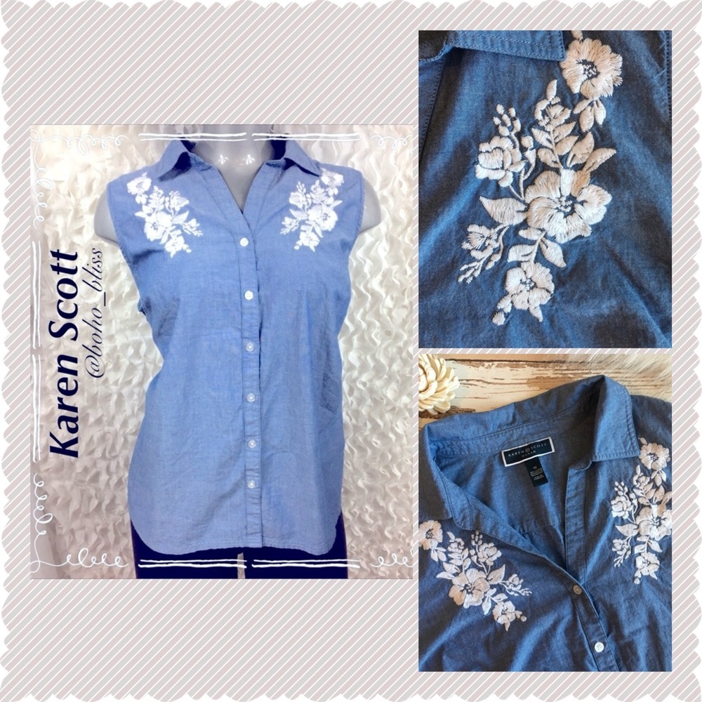 KAREN SCOTT Sleeveless Floral Embroidered Blouse